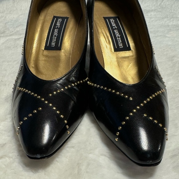 Vintage 80’s Stuart Weitzman Black Leather Gold Studded Heels Pumps Avante Garde - Picture 14 of 16
